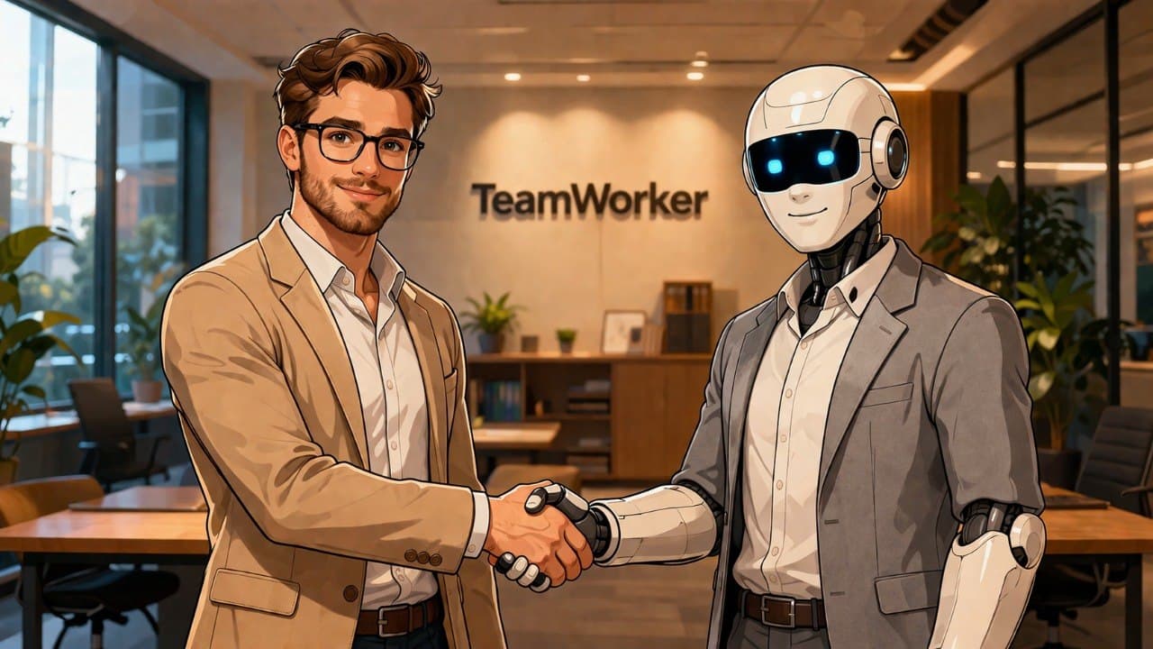 A professional shaking hands with a humanoid robot in a modern office with the TeamWorker logo, symbolizing human-AI collaboration.
